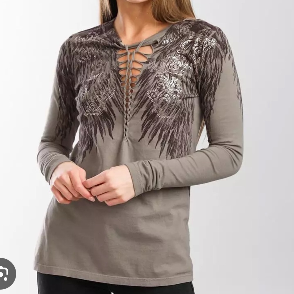 Lace-Up Wing Print Long Sleeve Top - Taupe